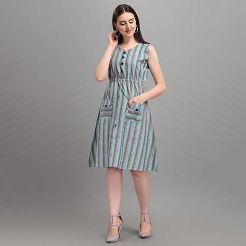 Sleeveless One Piece Dress - Rayon, Quick Dry Design, Striped Print | Western Style, Washable Convenience, Effortless Elegance