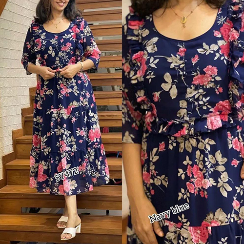 Georgette Gown - Navy Blue, Printed Design | Quick Dry, Washable Fabric