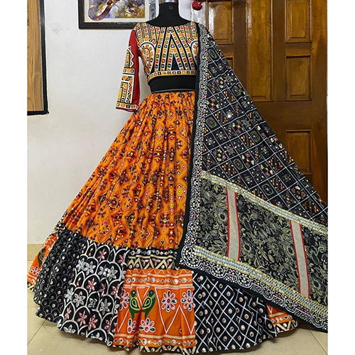 Ladies Lehenga Choli - Georgette Fabric, Black and Yellow Printed Design | Quick Dry, Washable, Elegant Style for Women