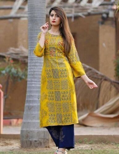 Dhurvi Yellow Rayon Kurti Decoration Material: Paint