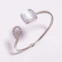 Natural Rainbow Moonstone 925 Sterling Silver Adjustable Bangle Girls fashion Jewelry