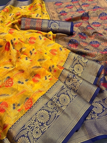 Axa Yellow Tissue Kora Silk Saree