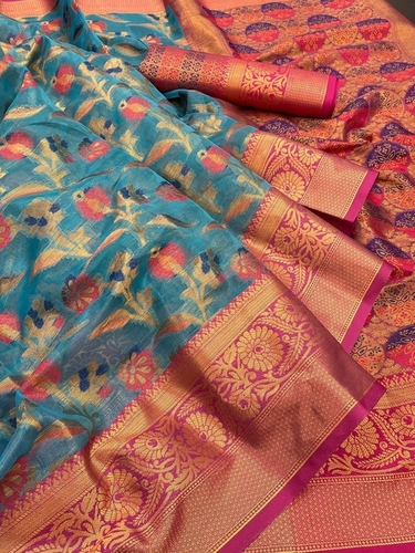 Axa Blue Tissue Kora Silk Saree