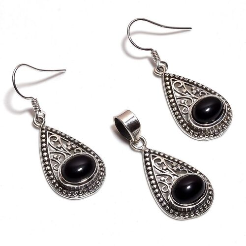 Black Onyx Gemstone 925 Sterling Silver Pendant Earrings Set Women Fashion Jewelry