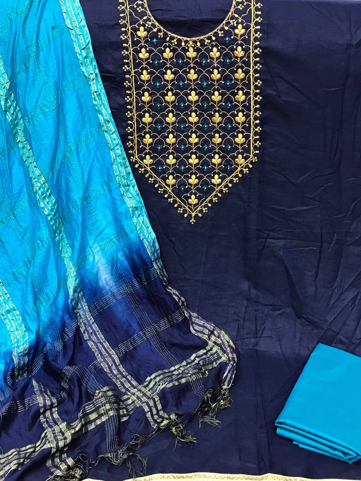 Viva Blue Slub Cotton Dress Material
