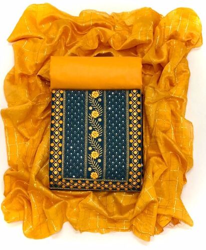 Embroidered Pushpa Blue Slub Cotton Dress Material