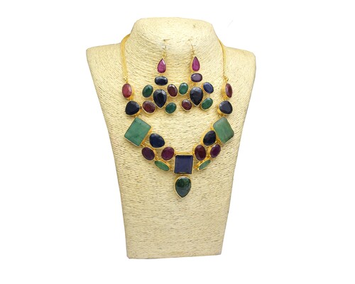 Multi Gemstone Gold Plated Earrings Necklace Set