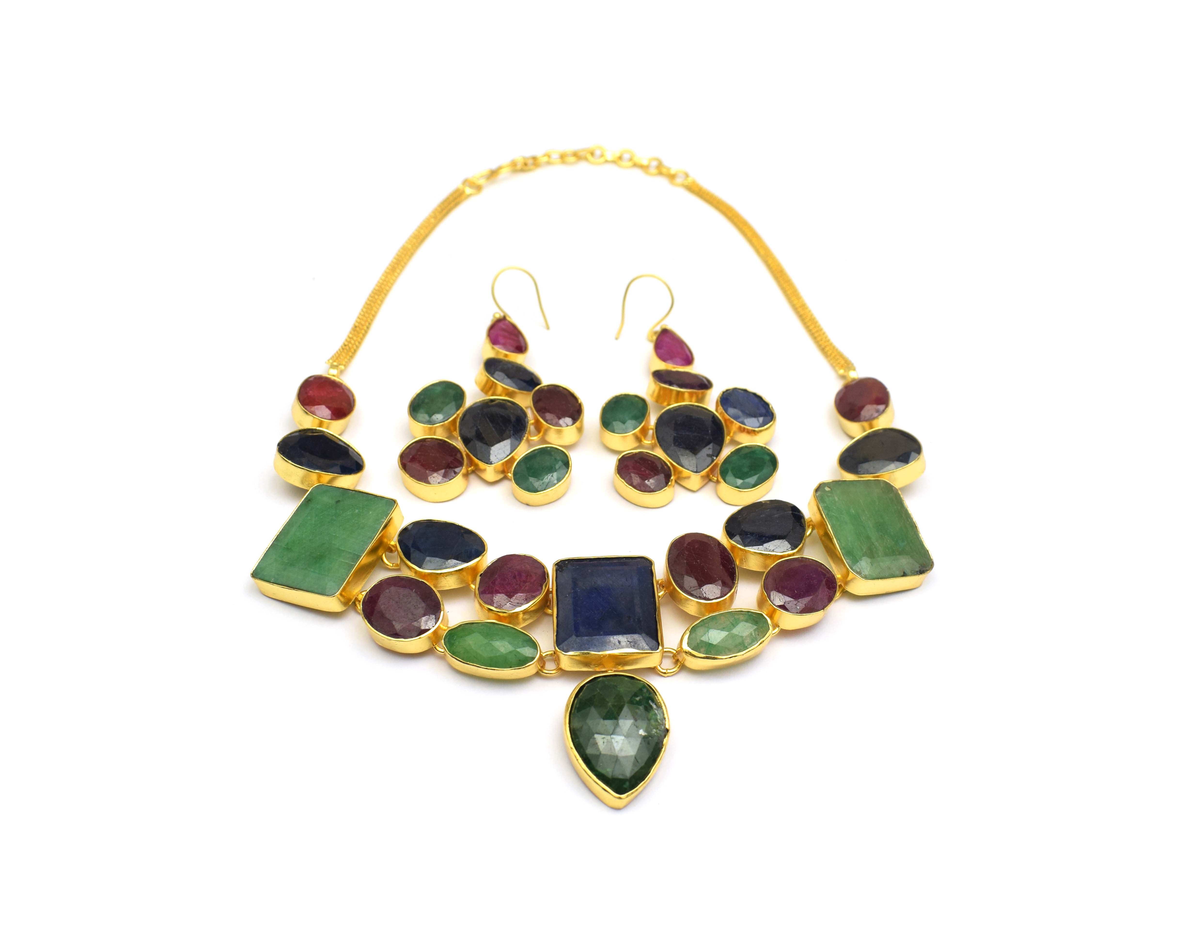 Multi Gemstone Gold Plated Earrings Necklace Set