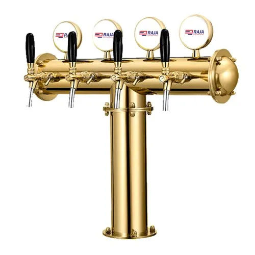 Cylindrical T Type 4 Way Beer Tower Golden Finish