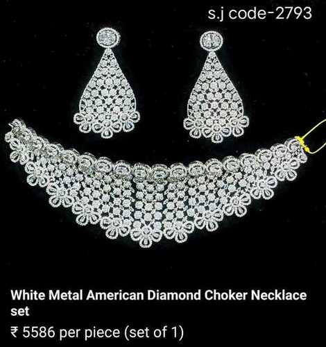 WHITE METAL AMERICAN DIAMOND CHOKER SET