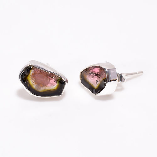 Watermelon Tourmaline Raw Gemstone 925 Sterling Silver Stud Earrings Girls Fashion Jewelry Supplier