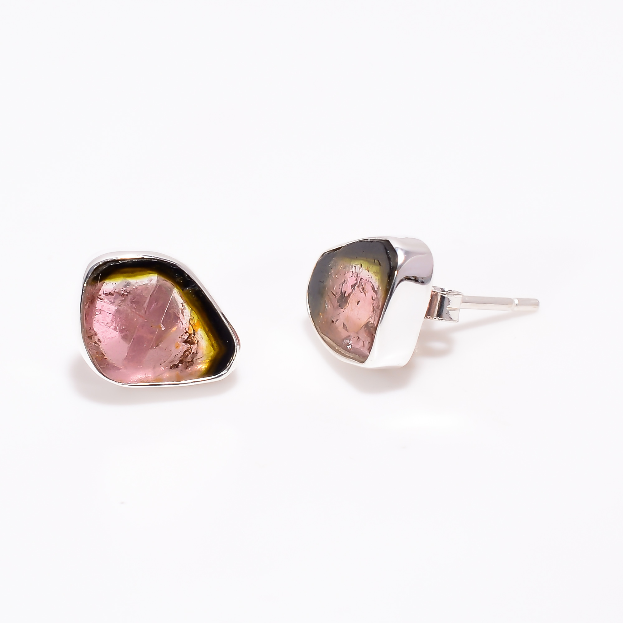 Watermelon Tourmaline Raw Gemstone 925 Sterling Silver Stud Earrings Girls Fashion Jewelry Supplier