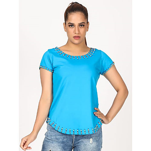 Plain Ladies Blue Half Sleeve Top