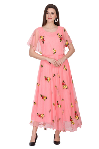 IC-11629 Oceanista Georgette Dress - Maxi Length, Pink Color | Breathable Fabric, Draped Front, Cut-Out Back, Floral Embroidery, Travel Friendly