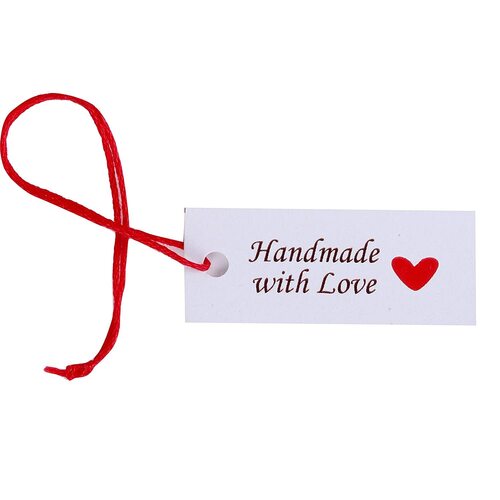 Atmiyamart  Vintage White Paper Handmade with Love Gift Tag  Wedding Favor Tag  350gsm White Paper with Red Thread  White Tag Rectangle Shape  Handmade Lable  Decorative Packing brand tag maker Customize Hanging Tag GiftTag