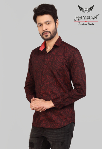 Pure Satin Cotton Shirts - Standard Collar, Maroon Color, Available Sizes M-XXL | Breathable, Washable, Full Sleeves, Printed Design