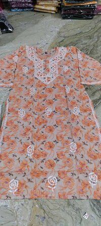 Lucknowi latest mulmul printed cottton kurti fabric hand work embroidery Length-42