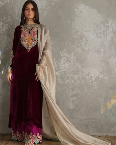 Asma Purple Heavy Viscose Velvet Dress Decoration Material: Laces