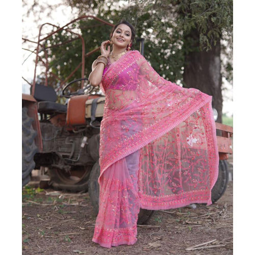 Party Wear Pink Color Net Saree