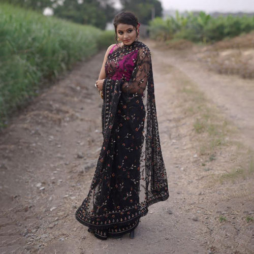 Party Wear Black Color Net Saree