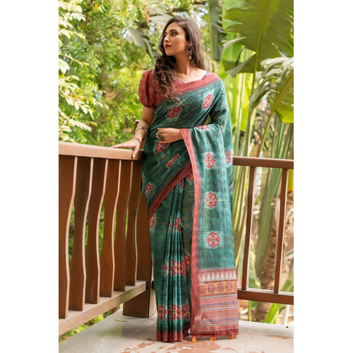 Green Designer Linen Cotton Saree