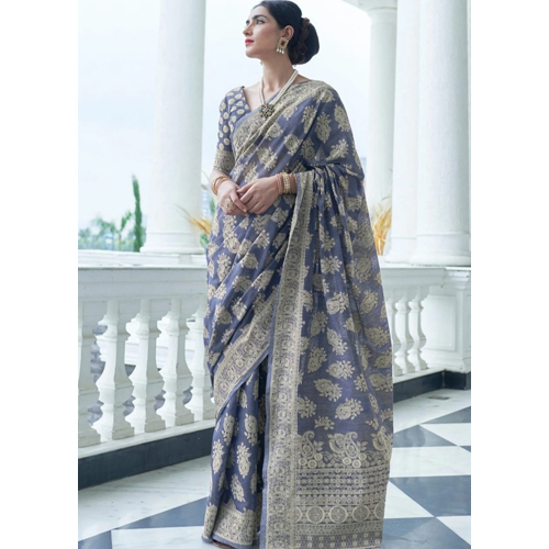 Banarasi Grey Color Cotton Chikankari Saree