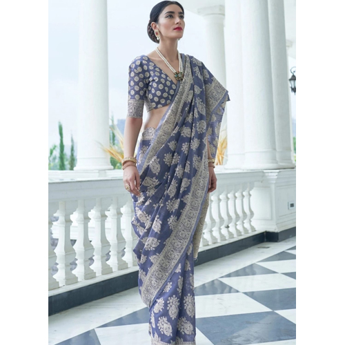 Banarasi Grey Color Cotton Chikankari Saree