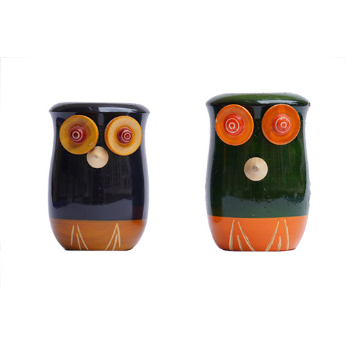 Hand Painted Wooden Owl Pen Stand