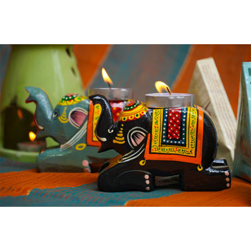 Hand Painted Wooden Elephant Candle Stand