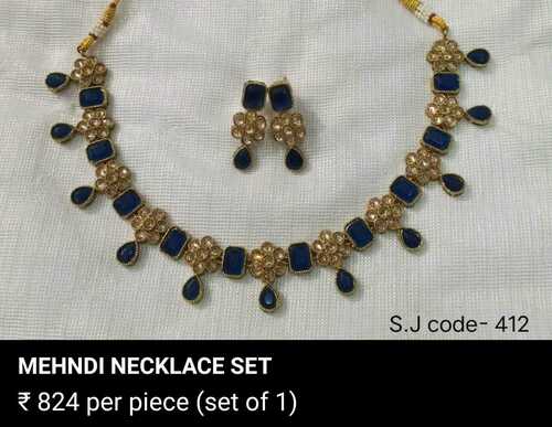 FLOWER DESIGN BLUE COLOR MEHANDI FINISH NECKLACE SET