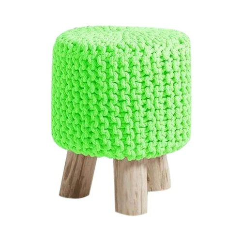Green Knitted Cotton Pouffe Footstool - Wooden Frame Design | Modern Indian Style, Versatile Seating Solution