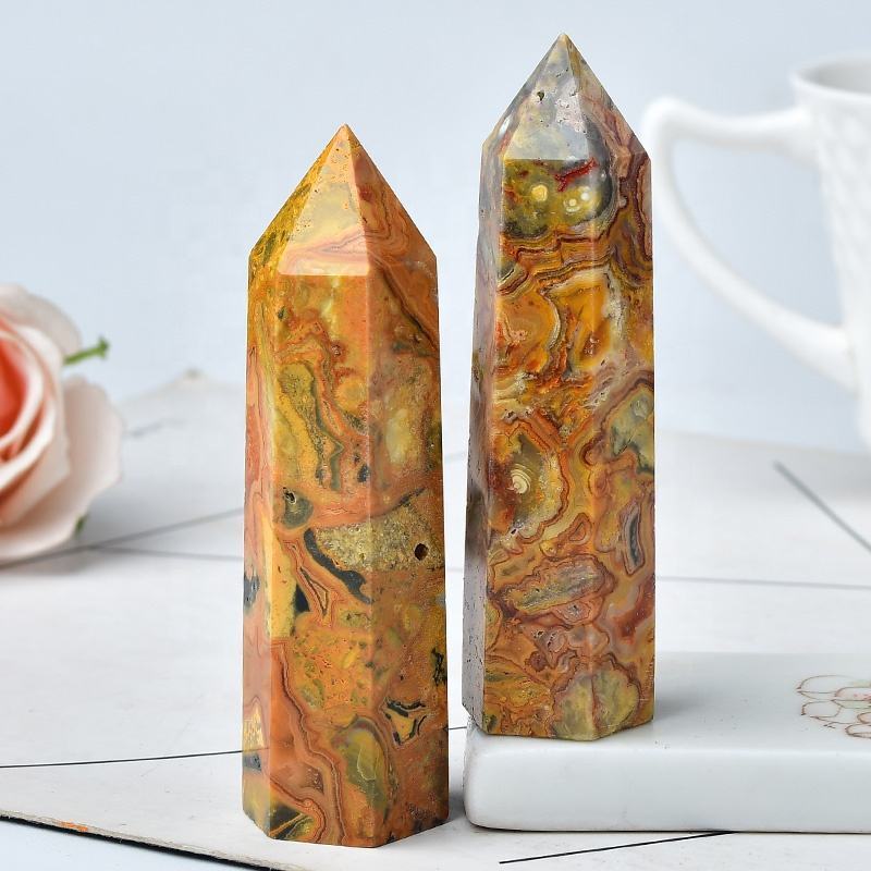 Crazy Lace Agate Gemstone Crystal Tower Pencil Point Healing Wand Stick