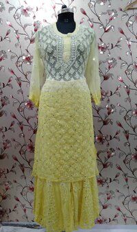 Lucknowi Latest chiffon Booti Jall kurti with inner sharara and dupatta set mirror and hand work embroiderd