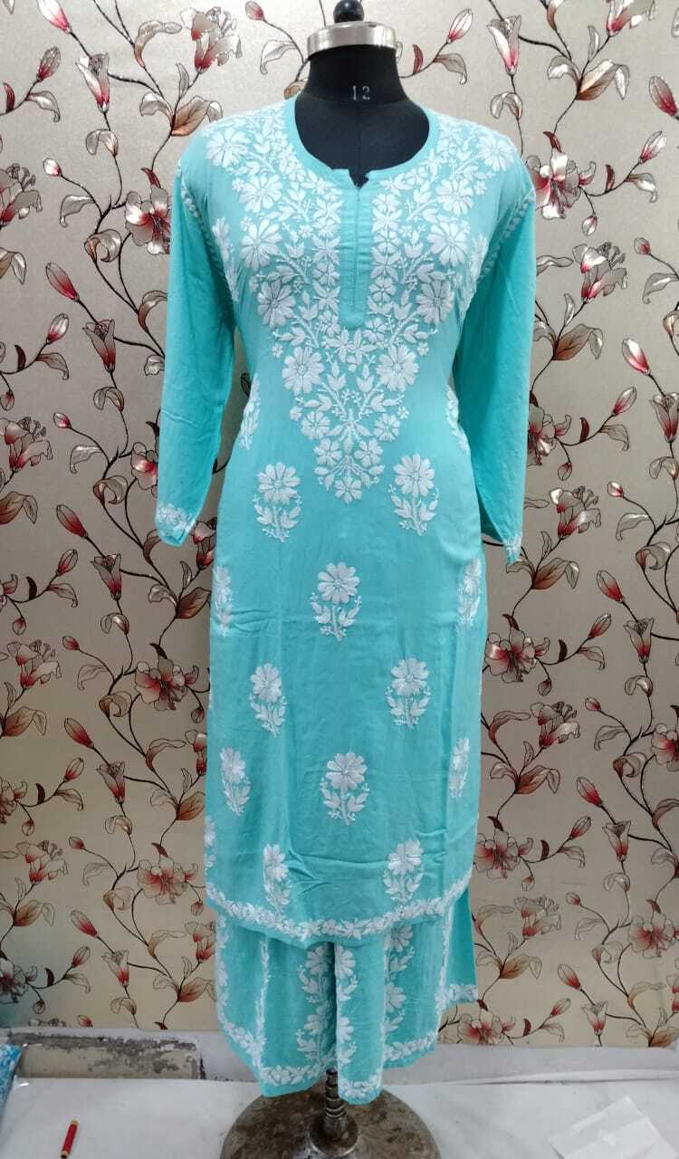 Lucknowi Latest Rayon Kurti Plazzo Set Hand work Embroidryembroidery