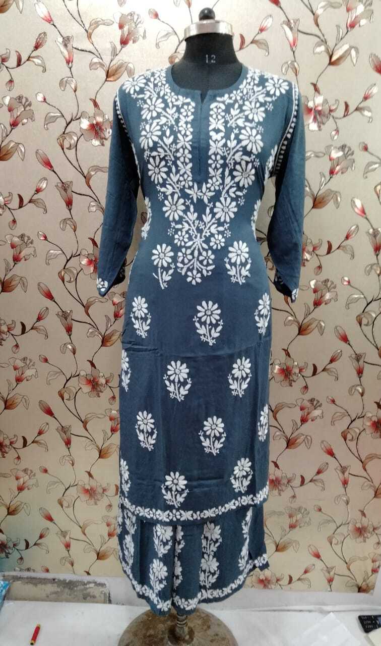 Lucknowi Latest Rayon Kurti Plazzo Set Hand work Embroidryembroidery