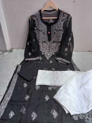 Lucknowi Latest Chiffon Kurti with inner and pant set hand work embroidery