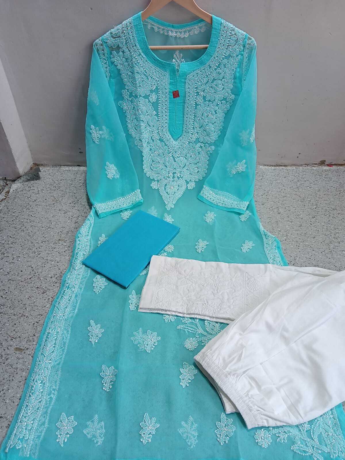 Lucknowi Latest Chiffon Kurti with inner and pant set hand work embroidery