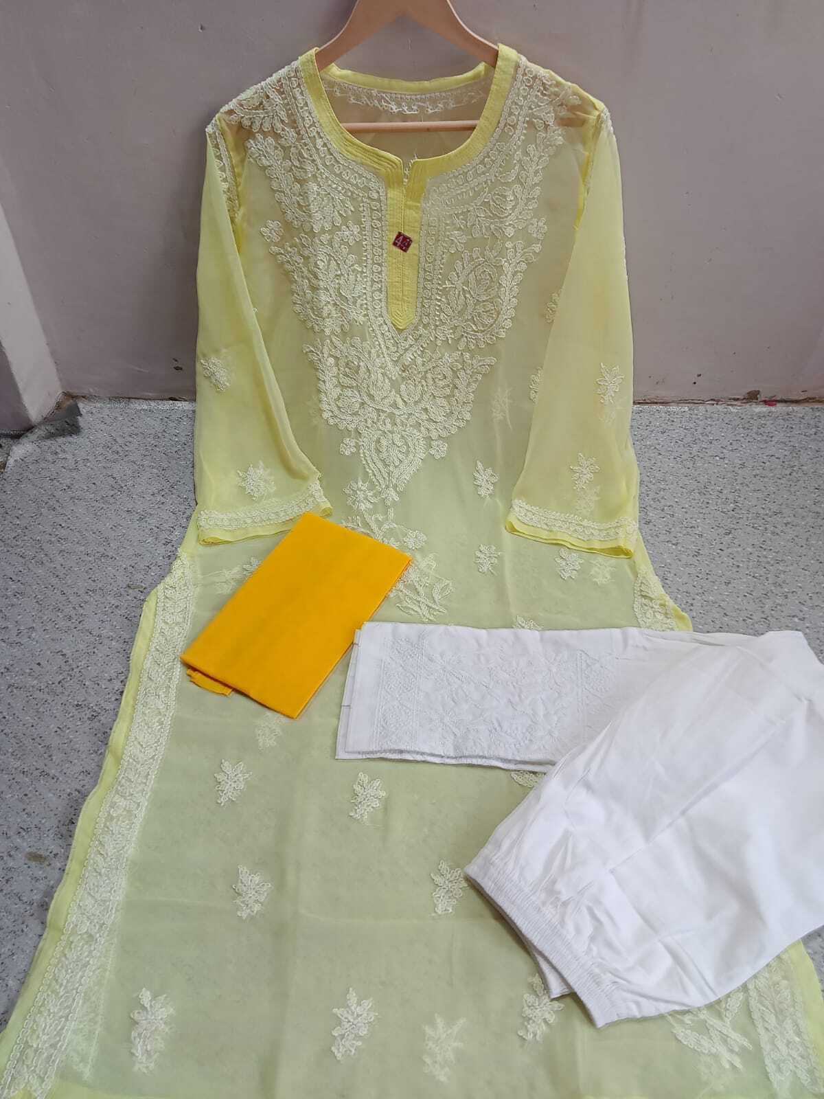 Lucknowi Latest Chiffon Kurti with inner and pant set hand work embroidery