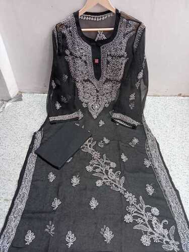 Lucknowi latest Chiffon gala booti kurti with inner febric hand work embroiderd