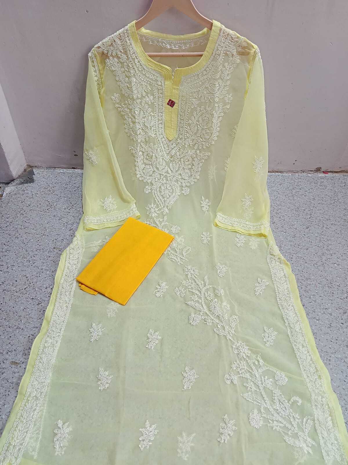 Lucknowi latest Chiffon gala booti kurti with inner febric hand work embroiderd