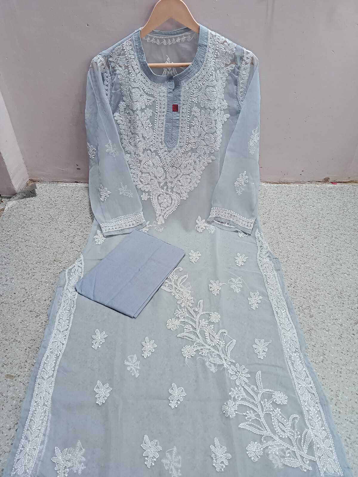 Lucknowi latest Chiffon gala booti kurti with inner febric hand work embroiderd