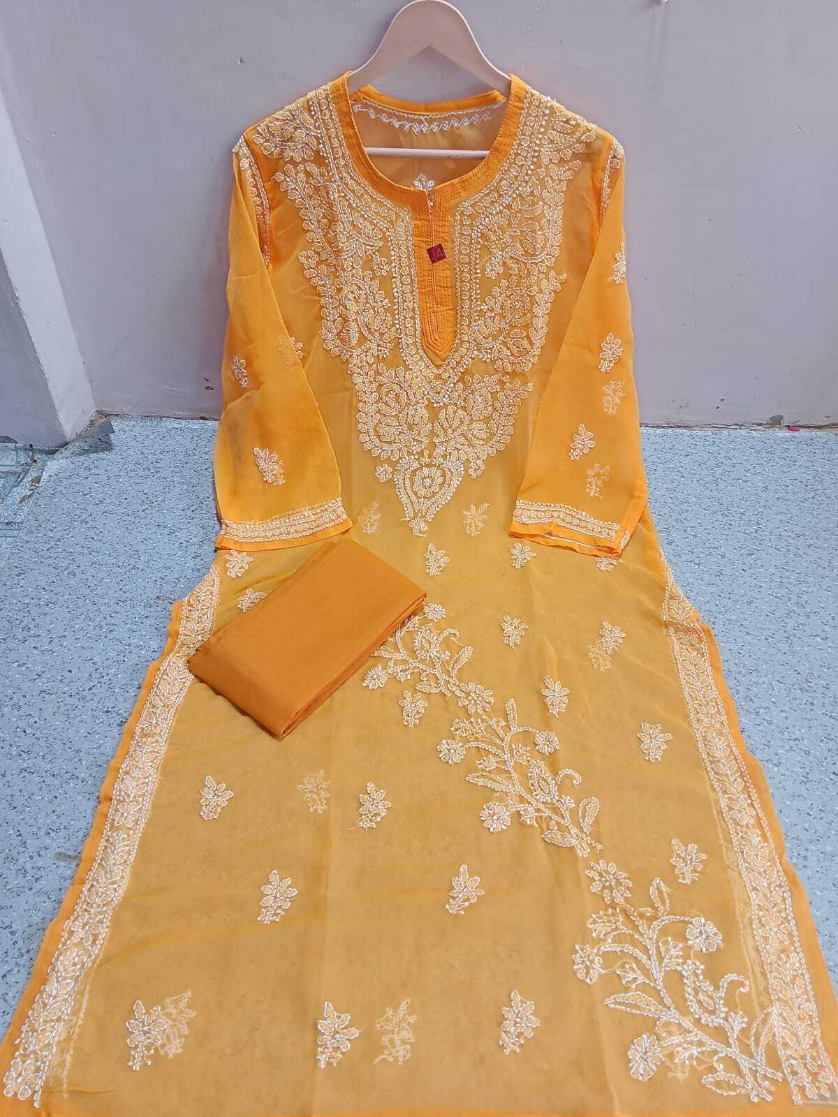 Lucknowi latest Chiffon gala booti kurti with inner febric hand work embroiderd