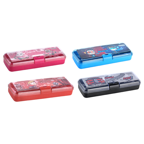 Linc Pencil Box - Virgin PP Material, Sizes: Small, Medium, Large | Multicolour Designs, Unbreakable Transparent Top, Easy to Clean with Waterproof Sticker, Includes Stencil A-Z & 0-9