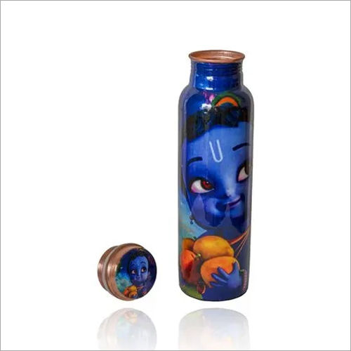 Blue Little Krishna Meena Print Copper Bottle