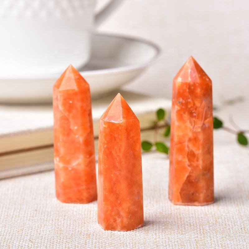 Orange Sunstone Gemstone Crystal Tower Pencil Point Healing Wand Stick