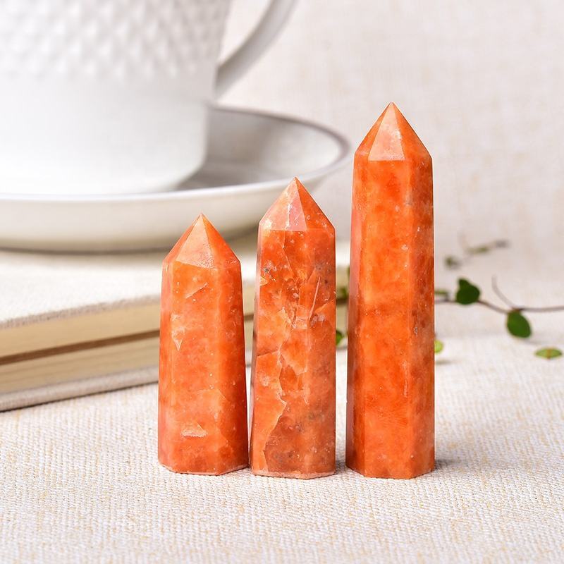 Orange Sunstone Gemstone Crystal Tower Pencil Point Healing Wand Stick