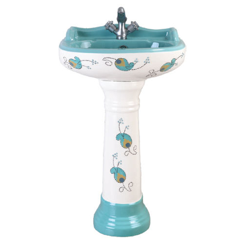 Blue 570X460X860Mm Ceramic Pedestal Wash Basin