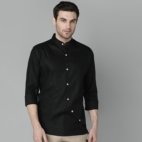 Mens Slim Fit Solid Black Mandarin Collar Casual Shirt