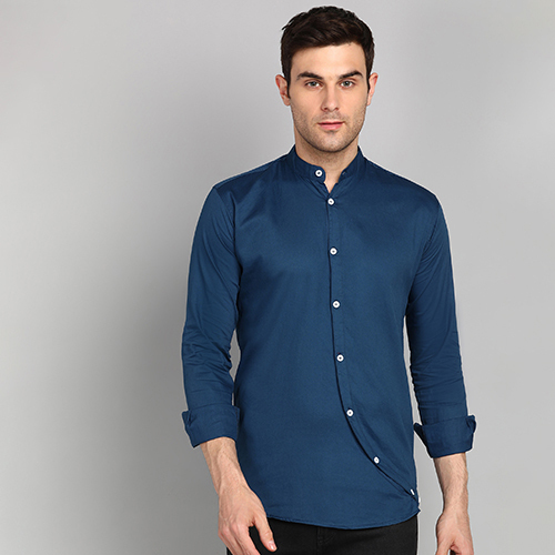 Mens Designer Slim Fit Solid Blue Mandarin Collar Casual Shirt