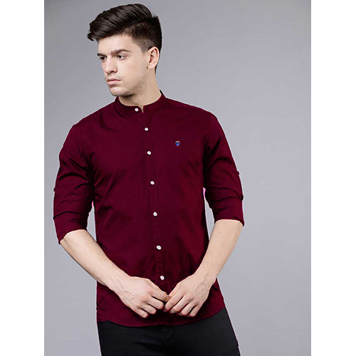 Mens Slim Fit Solid Maroon Mandarin Collar Casual Shirt Collar Style: Straight